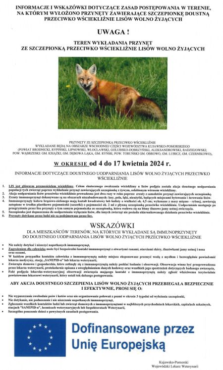 Plakat - akcja doustnego szczepienia lisów wolno żyjących przeciwko wściekliźnie.
