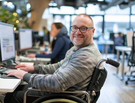 Mężczyzna na wózku inwalidzkim pracujący przy komputerze