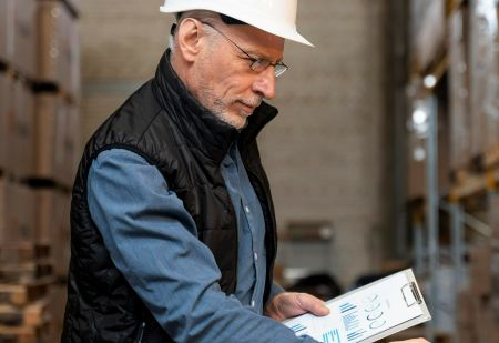 Mężczyzna w białym kasku stoi w magazynie i coś notujący