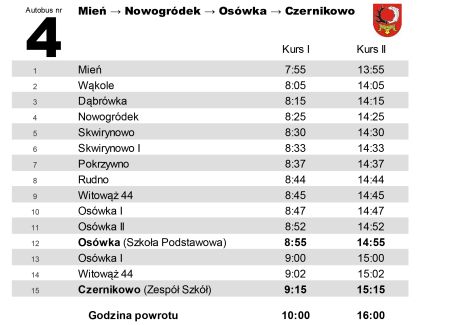 Rozkład jazdy Mień - Nowogródek - Osówka - Czernikowo