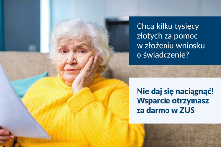 Starsza pani siedząca i trzymająca kartki w ręce po prawej stronie napisy Chcą kilku tysięcy złotych za pomoc w złożeniu...