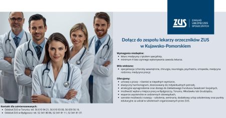 Stojący lekarze oraz Napis Dołącz do zespołu lekarzy orzeczników ZUS w Kujawsko-Pomorskiem