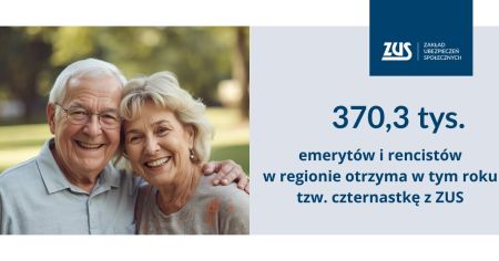 Zdjęcie ztarszej Pani i Pana oraz napis 370,3 tys. emerytów i rencistów w regionie otrzyma w tym roku tzw. czternastkę z ZUS