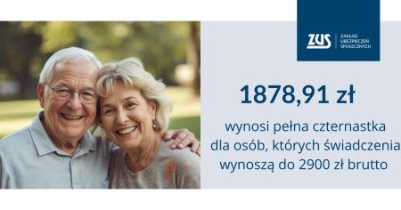 Zdjęcie ztarszej Pani i Pana oraz napis 1878,91 zł wynosi pełna czternastka dla osób, których świadczenia wynoszą do 2900...