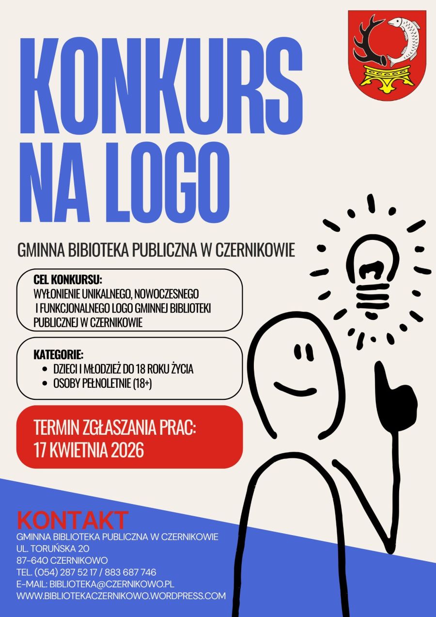 Plakat - Konkursu na stworzenie i opracowanie logo Gminnej Biblioteki Publicznej w Czernikowie
