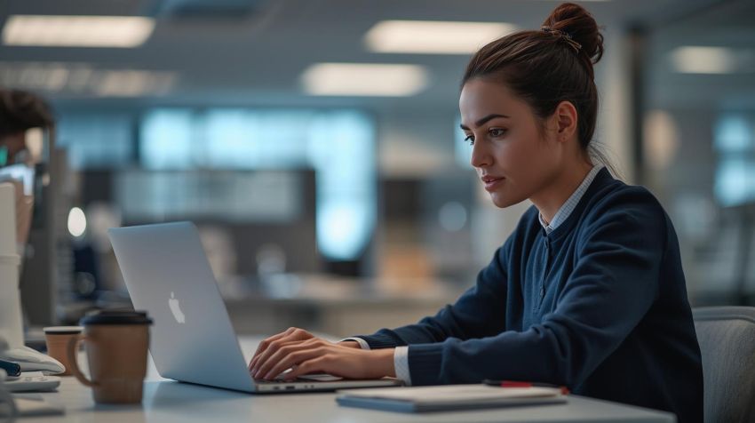 Kobieta siedząca przy biurku z laptopem