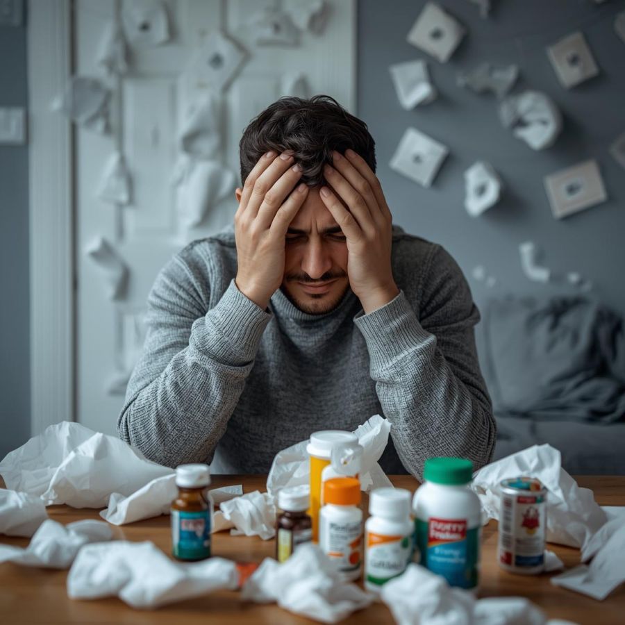 Mężczyzna siedzący przy stole z lekami