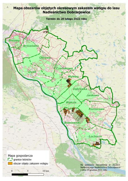 Mapa obszarów objętych okresowym zakazem wstępu do lasu Nadleśnictwo Dobrzejewice do 28 lutego 2022 r.