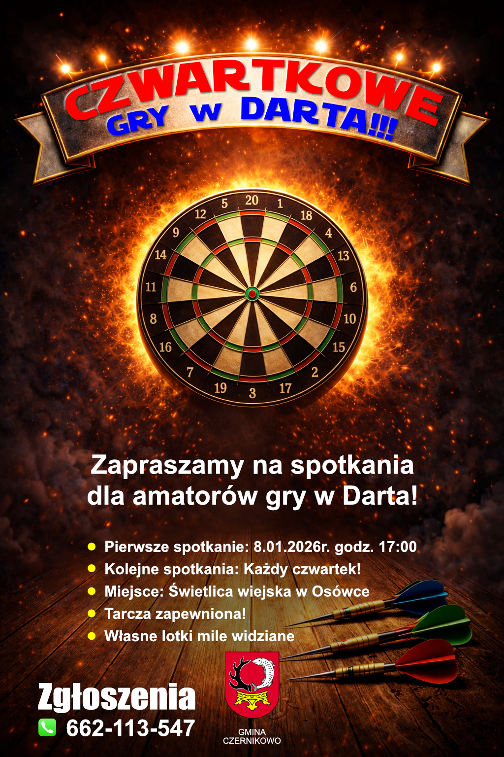 Plakat zapraszamy na spotknie dla amatorów gry w Darta
