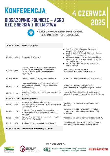 Agenda Konferencji - Biogazownie rolnicze - Bydgoszcz 4 czerwca 2025 r