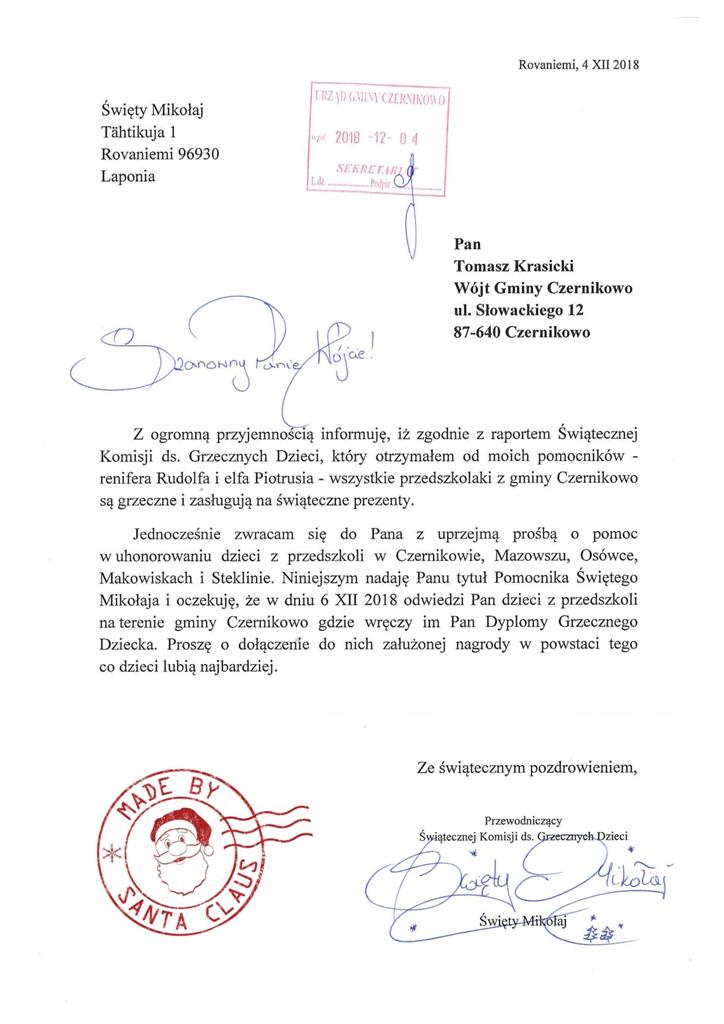 Wójt Gminy Czernikowo pomocnikiem Mikołaja
